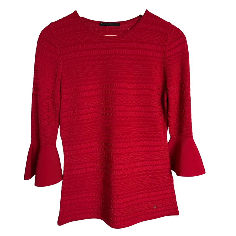 Carolina Herrera Red Cable Knit 3/4 Bell Sleeve Sweater Blouse M Elegant Holiday